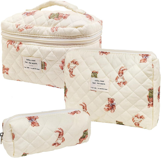 Quilted Makeup Bag, Large Capacity Travel Cosmetic Bag for Women and Girls, Aesthetic Storage for Daily and Travel Use (3pcs-Littlebear)