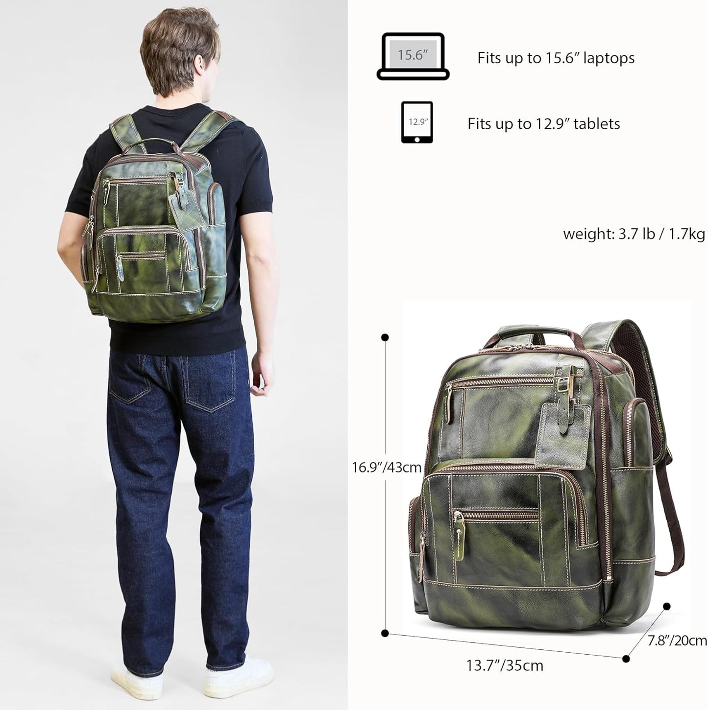 LANNSYNE Vegetable Tanned Leather Backpack for Men, 15.6" Laptop Backpack Camping Travel 24L Rucksack