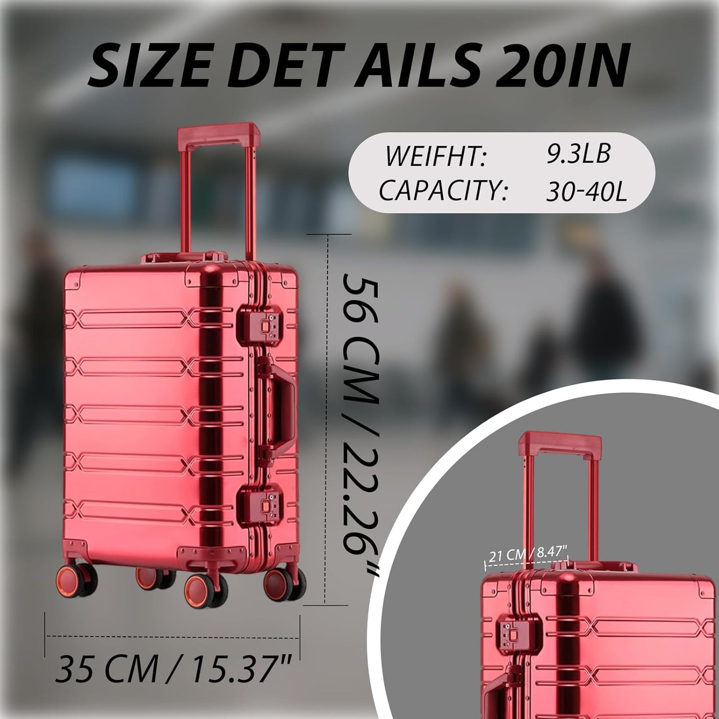 Tmore Aluminum Frame Luggage with Spinner Wheels, with TSA Locks Hard Shell Suitcase, Business 20" Red Small