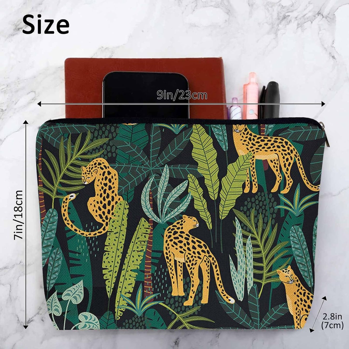 Leopard Cosmetic Travel Bag For Toiletries, Tropical Leaves Leopard Cheetah Makeup Bag Toiletry Bags For Women, Flax Cosmetic Bags Make Up Bag Purse Toiletries Bag Birthday Gift Yellow Green