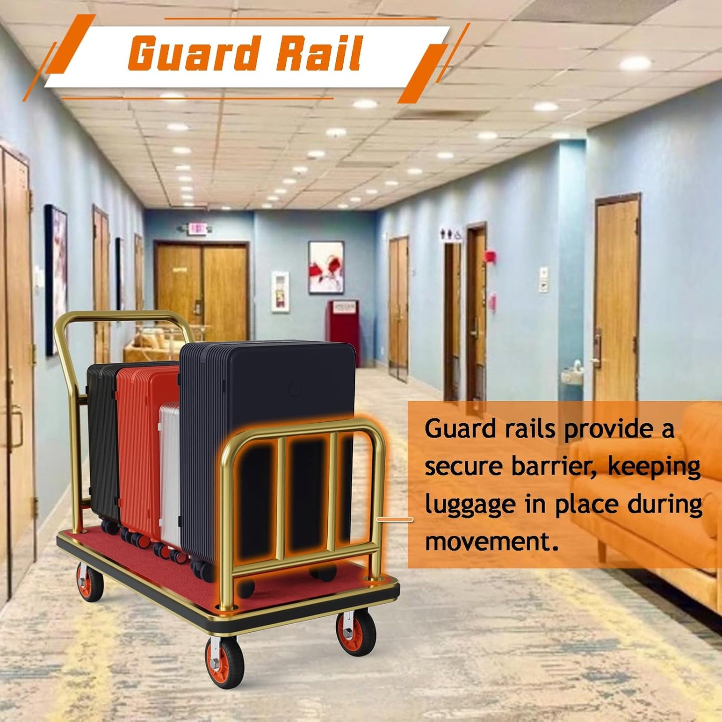 Gold Hotel Luggage Cart,42"x24" Bellman Cart with Baffle Guardrail and 6In Caster Weight Capacity Up to 850LBS Provide Convenience to Guest Gold Finished Hotel Cart Add Elegance to Hotel&Resort