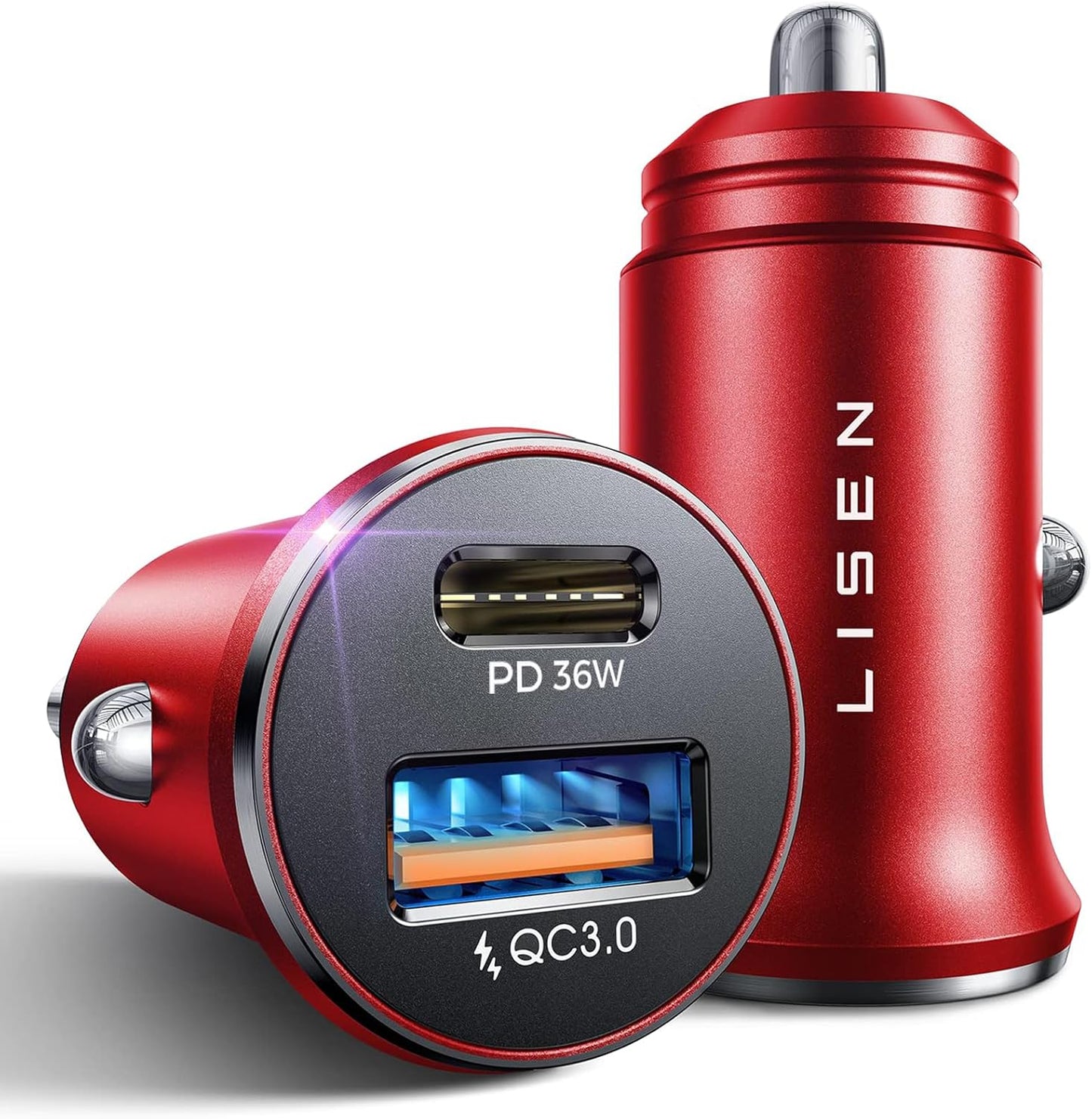 LISEN 2-Pack USB C Car Charger Adapter Fast Charge, 48W All Metal Cigarette Lighter USB Charger for iPhone 15 Smallest Flush Car Charger USB C for iPhone 14 Pro Max 13 12 Galaxy S23/22 iPad Pro-Red