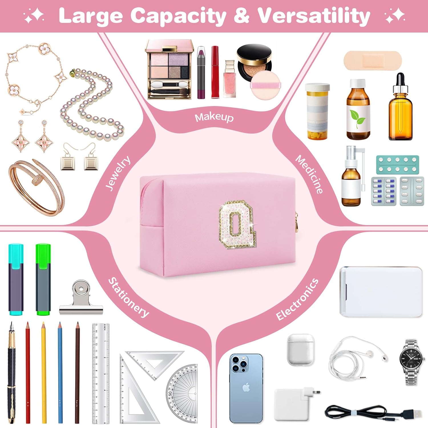 Small Personalized Initial A-Z Patch Makeup Bag,Pink Cute PU Leather Glitter Letter Cosmetic Bag
