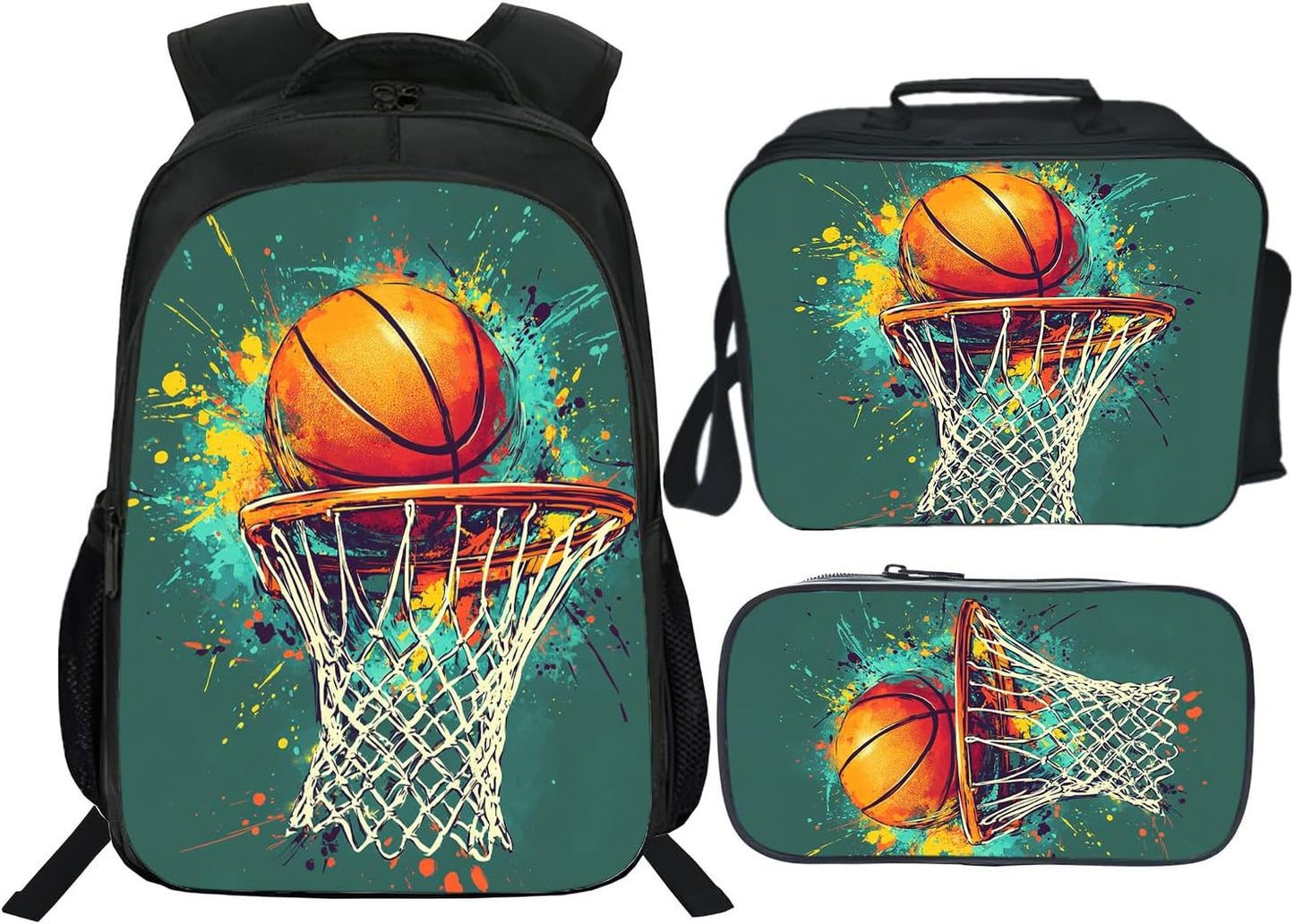 Klymax Basketball Backpack Sports Kids Schoolbag with Lunch Box Bag Pencil Bag 3pcs Bookbag Sets for Boys Girls