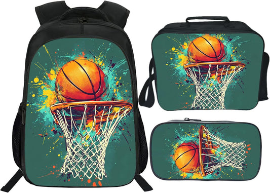 Klymax Basketball Backpack Sports Kids Schoolbag with Lunch Box Bag Pencil Bag 3pcs Bookbag Sets for Boys Girls