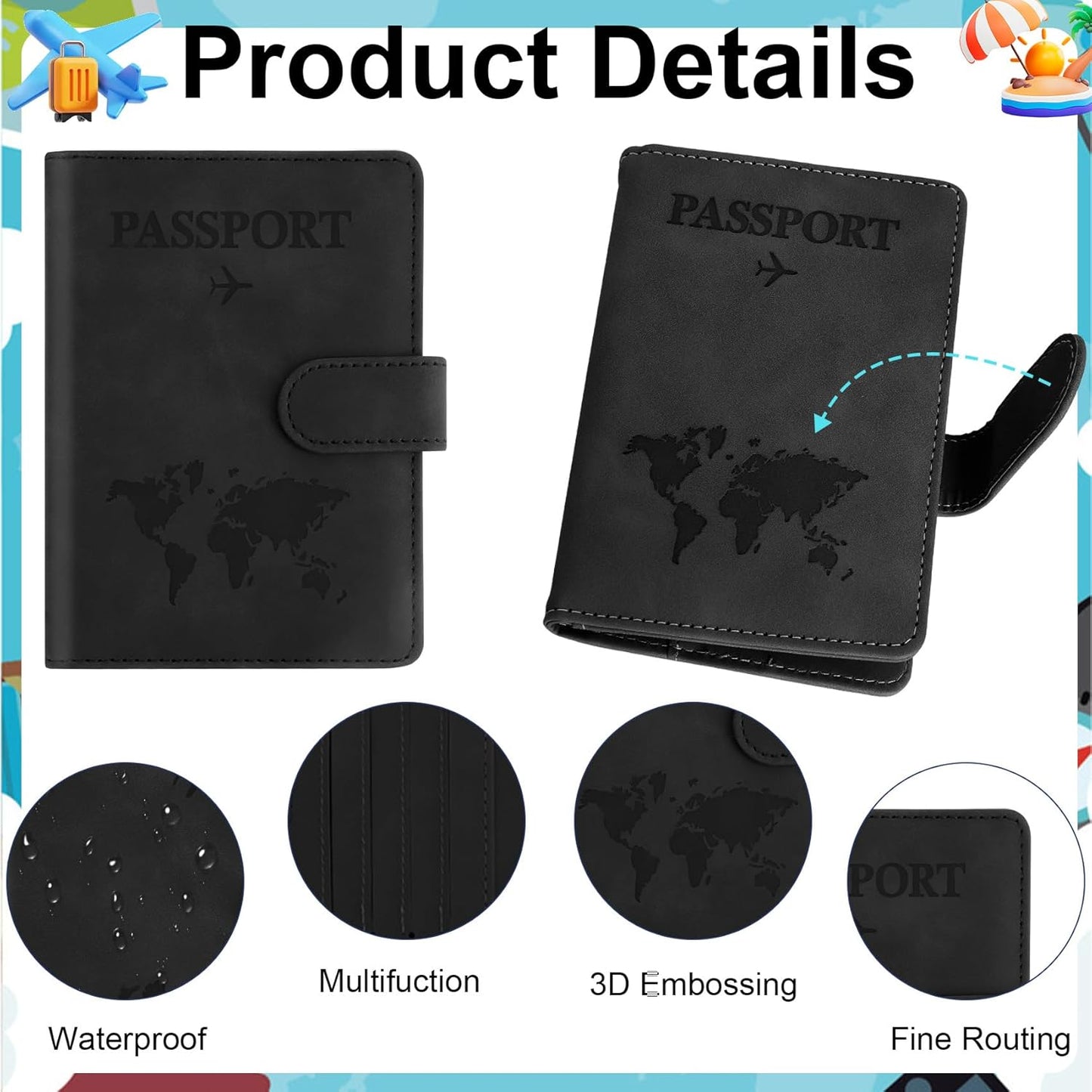 Passport Holder for Travel Essentials, Black Leather Passport Cover, Passport Wallet Holders for Women Men Family Travel Gifts Must Have Accessories, Credit Card Cash Air Ticket Storage Supplies
