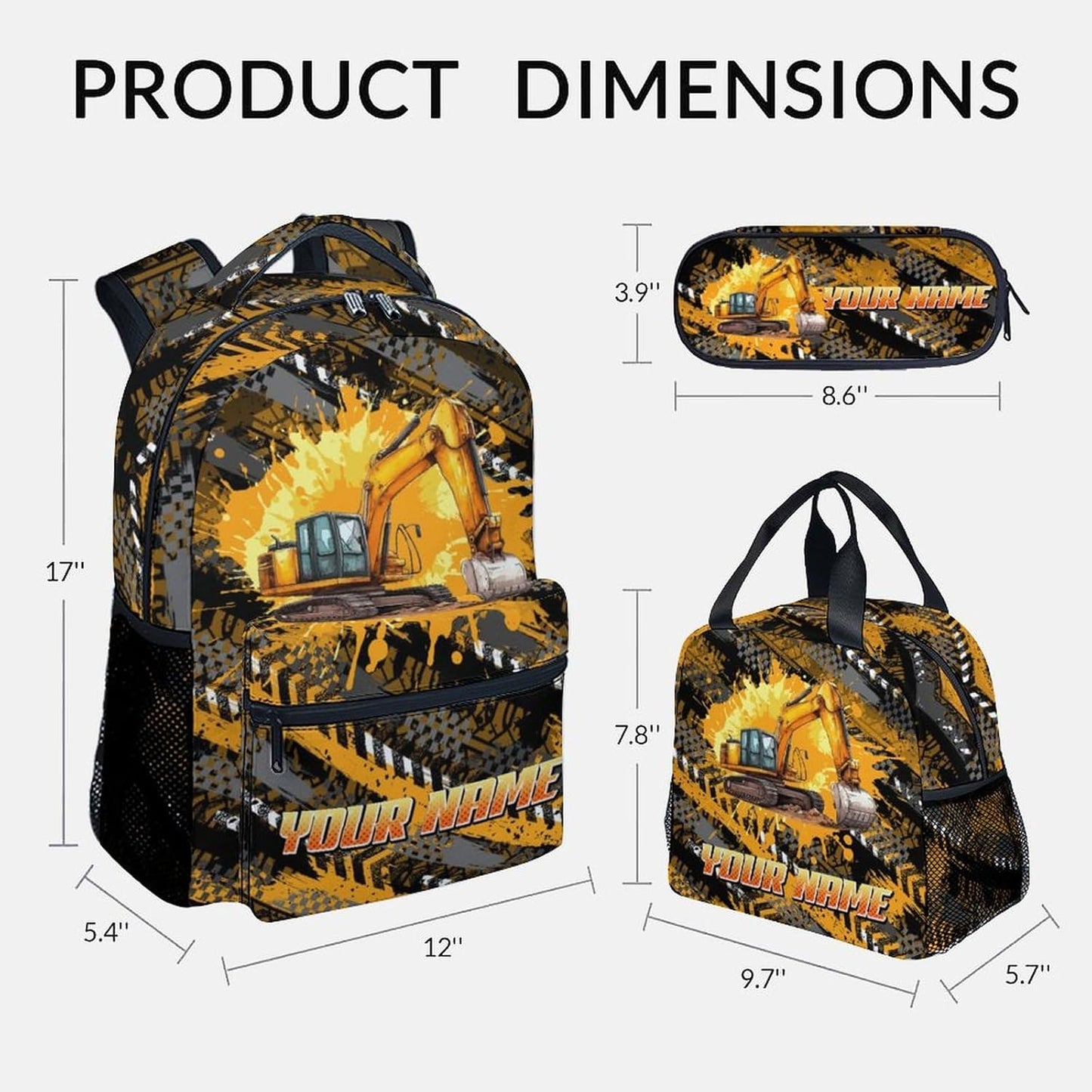 Mercuryelf Kids Backpack with Lunch Box - 17 Inch Custom Excavator Backpack Set for School, Travel - 3 in 1 Cool Bookbag for Boys