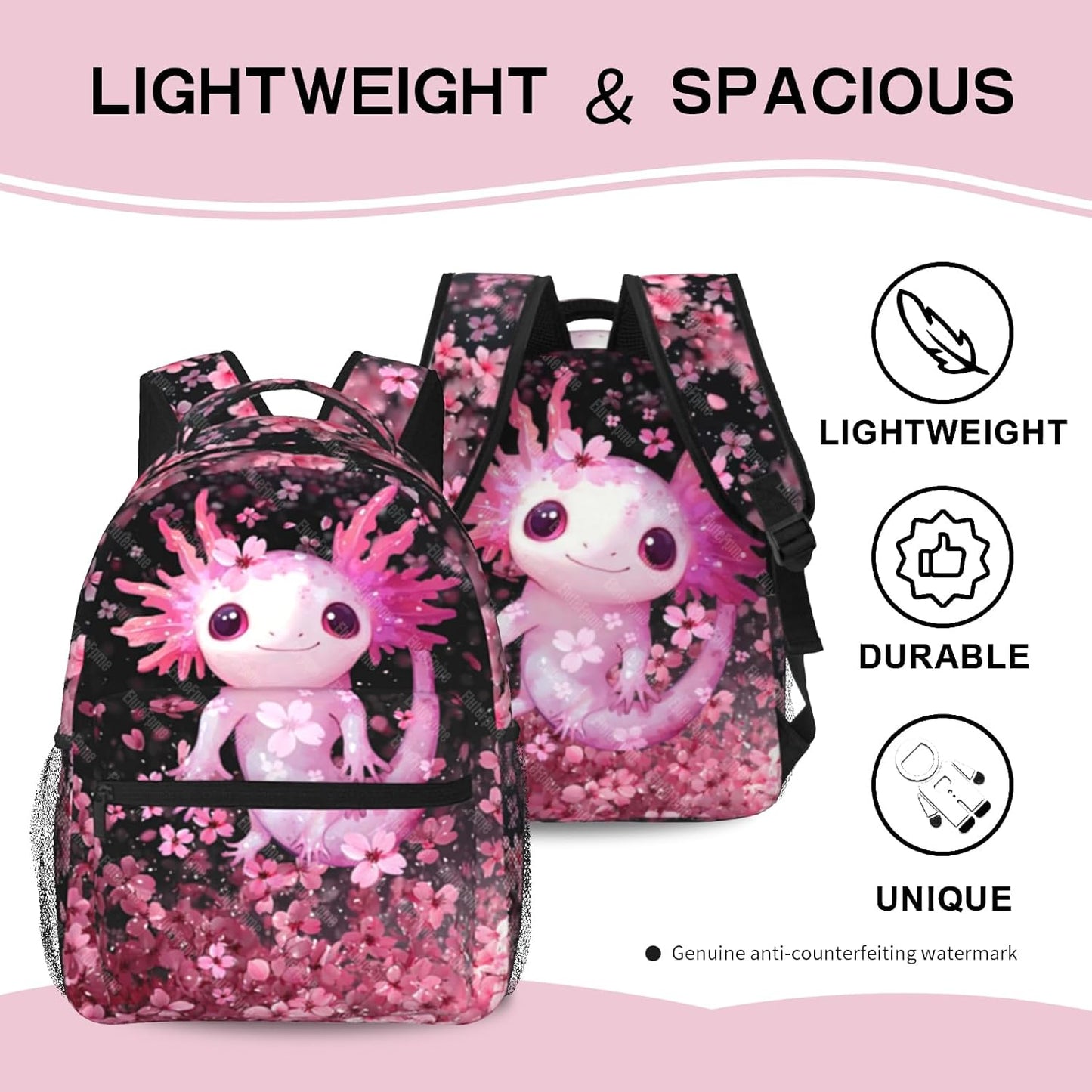 Axolotls Backpack for Girls Cute Axolotls School Backpack For Kids Lightweight Adjustable Elementary Middle School Students Bookbag Travel Back Pack for Children Teens Age 6-18