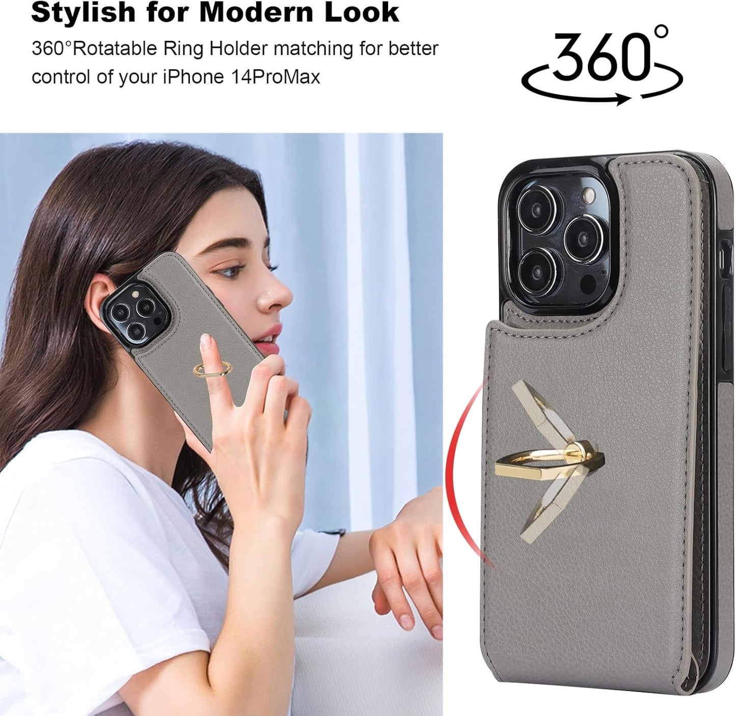 Folosu Compatible with iPhone 14 Pro Max Case Wallet with Card Holder, 360°Rotation Finger Ring Holder Kickstand, RFID Blocking Leather Protective Double Buttons Shockproof Cover 6.7 Inch Gray