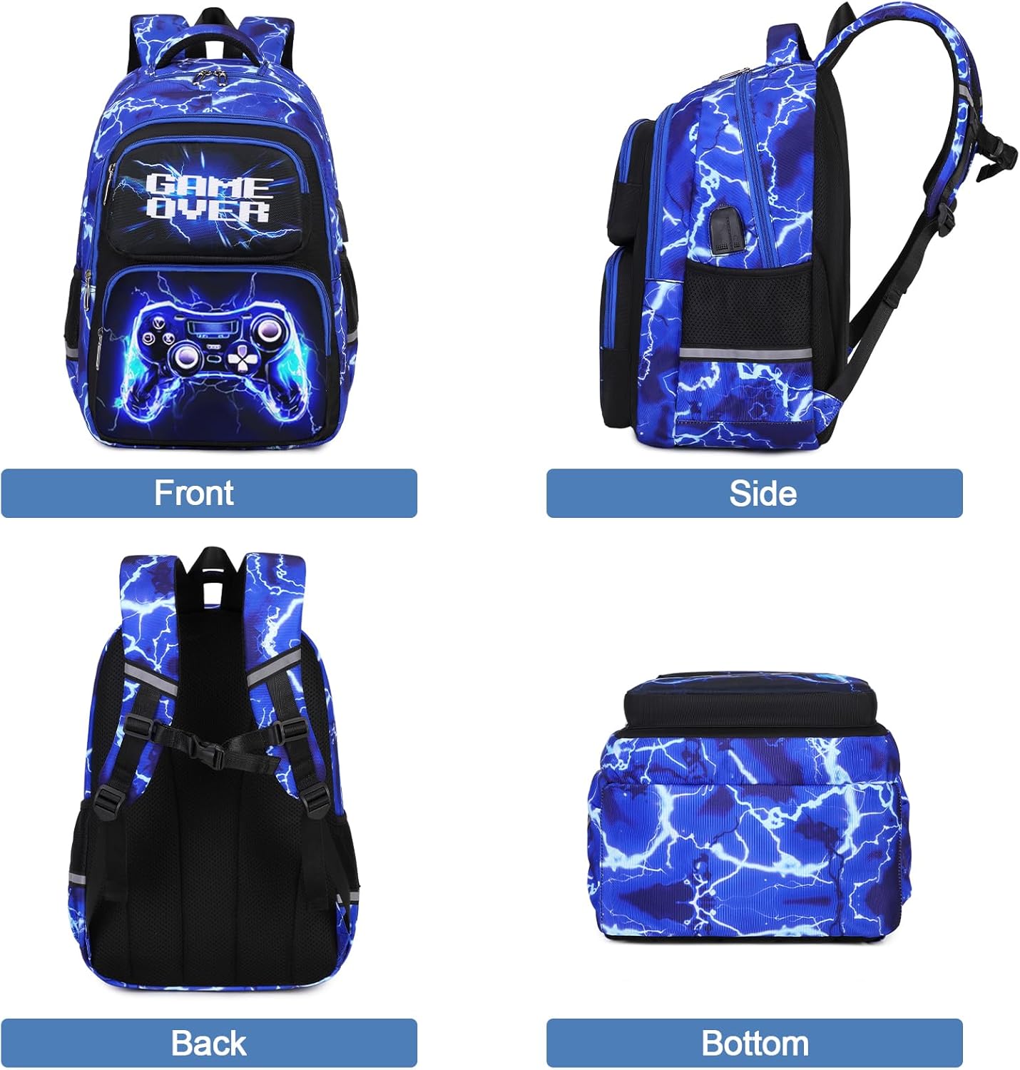 Bevalsa Backpack for Boys, School Bags for Kids, Bookbag for Boys Girls Children Teens Backpacks for Elementary Middle High school Student, Bookbag and Lunch Bag Set with USB Charging Port (Lightning)