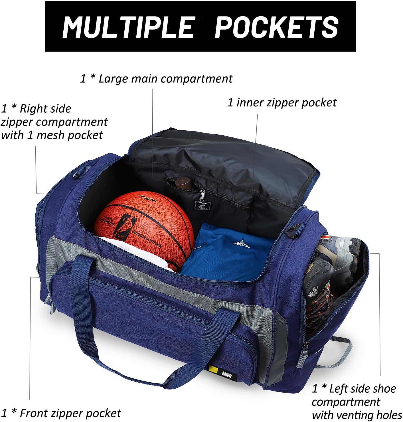 MIER Large Gym Bag for Men Sports Duffle Bag with Shoe Compartment 60L Lightweight Duffel Bags for Workout Fitness Travel