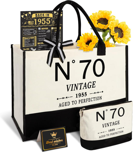 70th Birthday Gifts for Women Canvas Tote Bag Travel Gear, Unique 70 Years Old Gifts for Wife Sister Mom Aunt Friends Her, Vintage N°70 Handbag & Cosmetic Bag & Back in 1955 Poster