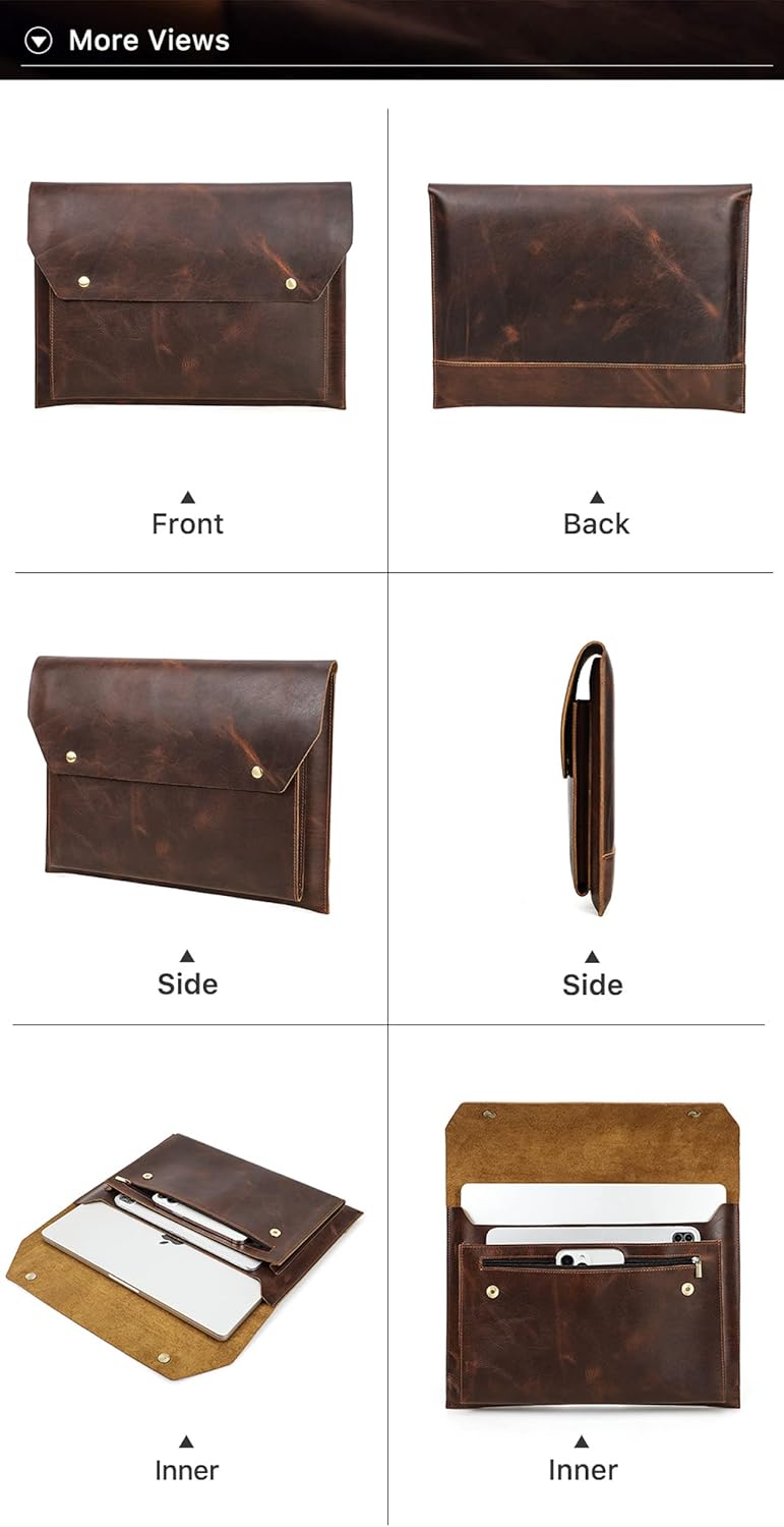 Top Grain Leather 16.2" Laptop Bag, Magnetic Snap Button Design & 3 Pockets, Compatible with MacBook Pro 16.2" A2485 M1 Max 15" Touch Bar A2141 A1707 Pro 16" Touch ID A1990, Coffee 16.2 Inch