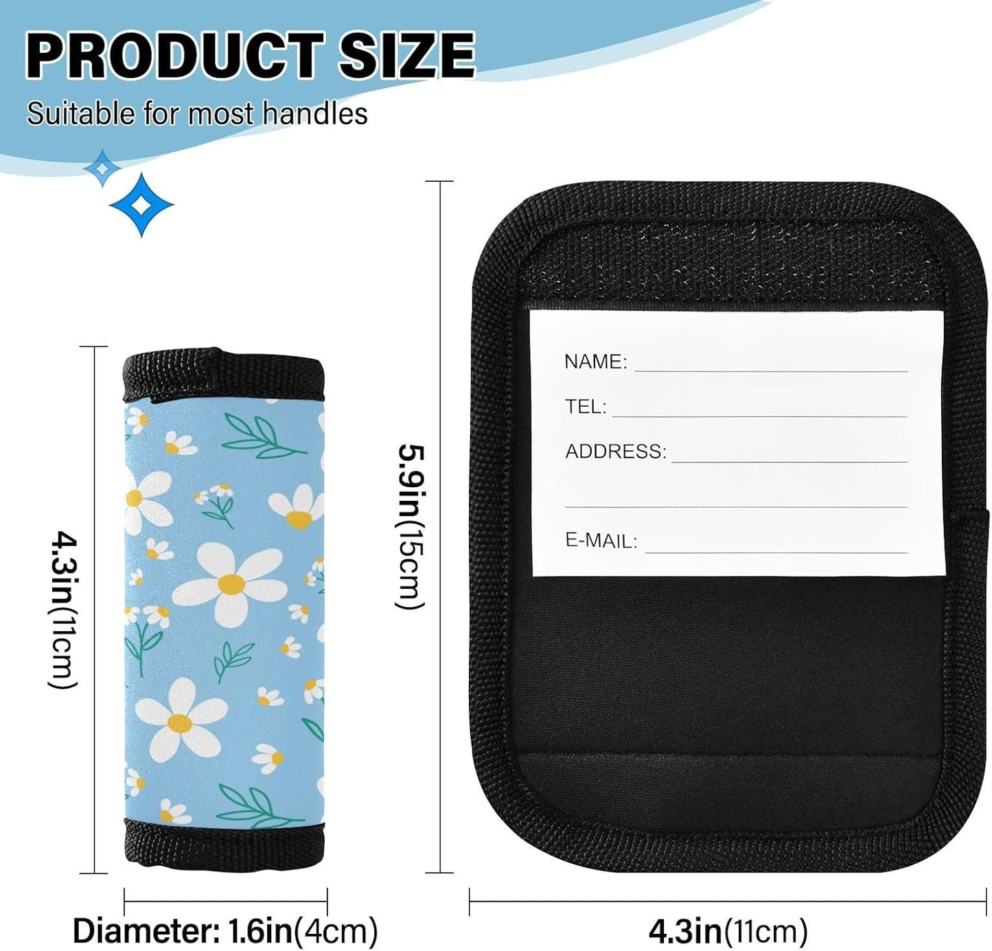 4 PC Luggage Handle Wrap Luggage Handle Covers Tags for Suitcase Bags Travel Luggage Handle Identifier Gripper Cute Flowers Blue