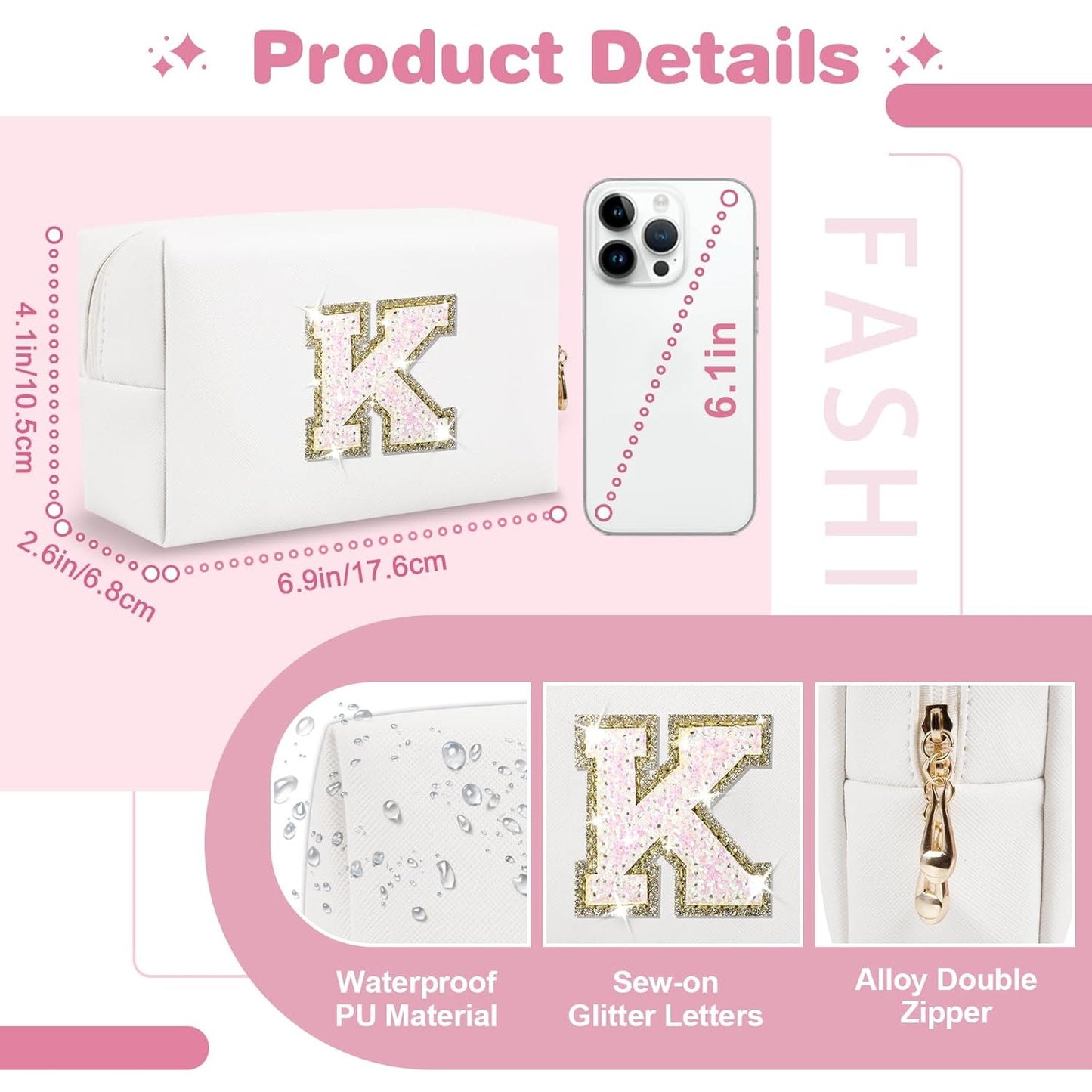 Small Initial Patch Makeup Bag Personalized Gifts Make Up Bag,White Cute PU Leather Glitter Letter Cosmetic Bag with Zipper,Trendy Portable Travel Toiletry Pouch,Preppy Stuff for Teen Girls Women K