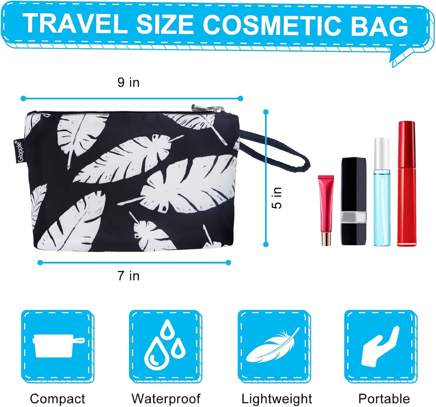 Gloppie Small Makeup Bag for Purse Compact Cosmetic Bag Zipper Make Up Pouch Purse Essentials Black White Leaves