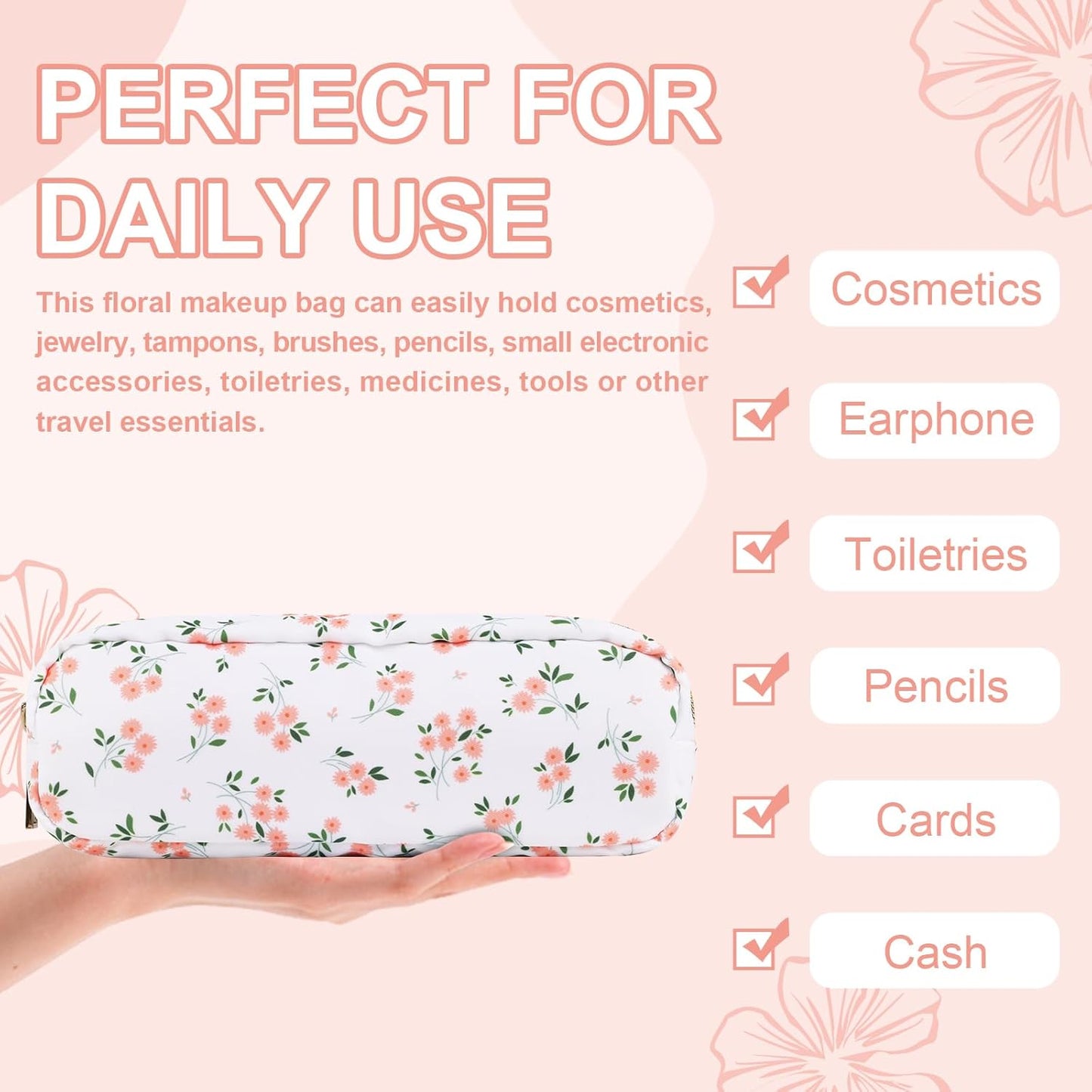 Waterproof Small Floral Pencil Case Makeup Bag for Purse,Cute Flower Pencil Pouch Preppy Nylon Makeup Brush Holder with Zipper,Girls Portable Storage Case Small Pen Bag for Work(Slim White-Flowers)