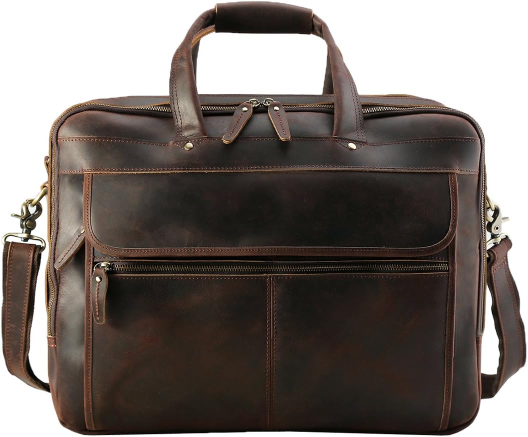 Polare 18'' Thick Full Grain Leather Fit 17.3" Laptop Business Briefcase Work Bag Overnight Bag For Men