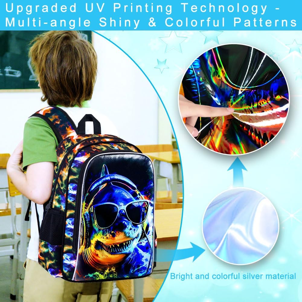 3PCS Boys Shark Backpack, Water Resistant Kids Bookbag with Lunch Box, 17" School Bag Set for Teenagers Middle Elementary - Sunglasses Shark