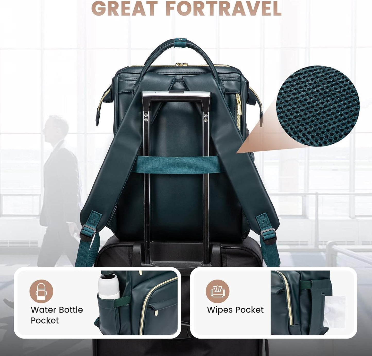 LOVEVOOK Leather Laptop Backpack for Women 18 inch,Travel Backpack Purse Nurse Teacher Backpack Computer Laptop Bag,Professional College Business Work Bag Carry On Backpack with USB Port,Dark Green
