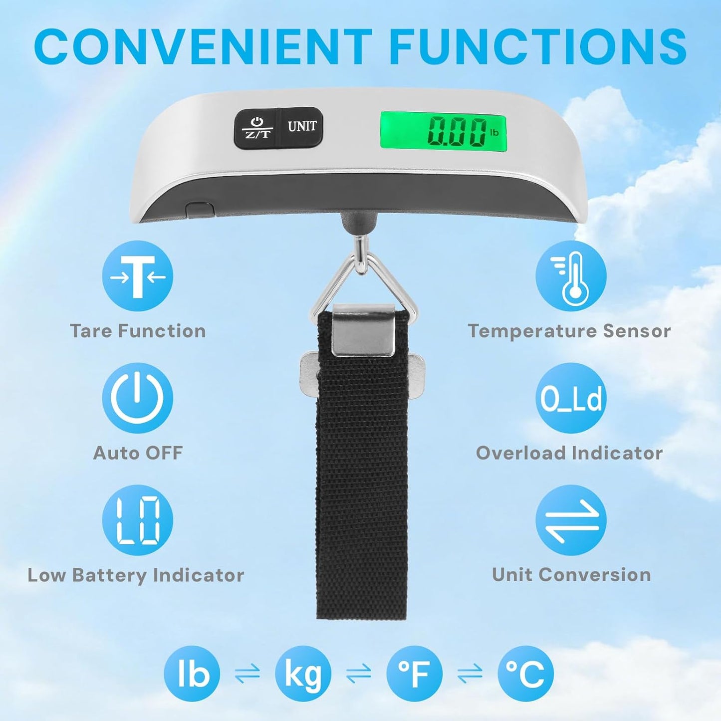Digital Luggage Scale, 110lb Portable Suitcase Weight Scale for Travel with Backlit LCD, 4-Unit Switching, Non-Slip, Luggage Scale for Luggage, Backpacks, Packages (Battery Included)