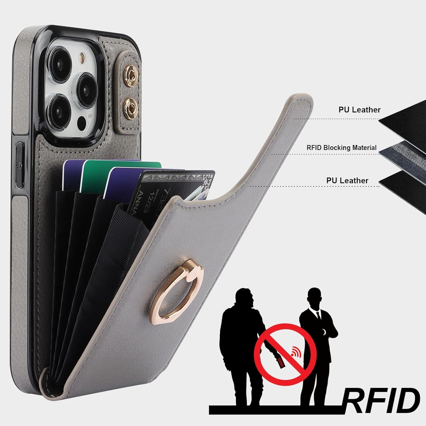 Folosu Compatible with iPhone 14 Pro Case Wallet with Card Holder, 360°Rotation Finger Ring Holder Kickstand, RFID Blocking Leather Protective Double Buttons Shockproof Cover 6.1 Inch Gray