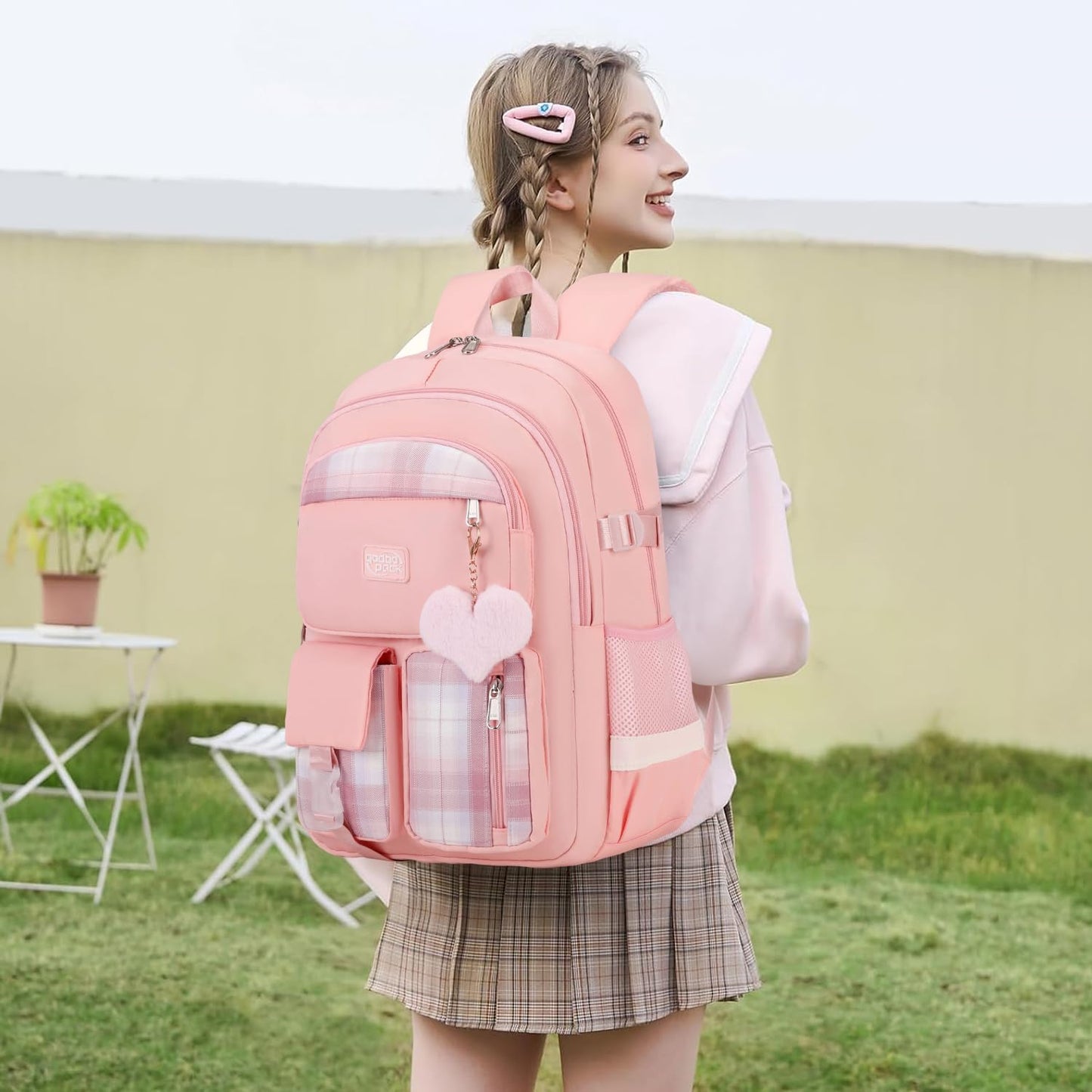 3PCS Backpack For School Women College Middle High Teen Girls Student Bookbag Waterproof Laptop Bag Plaid Pink