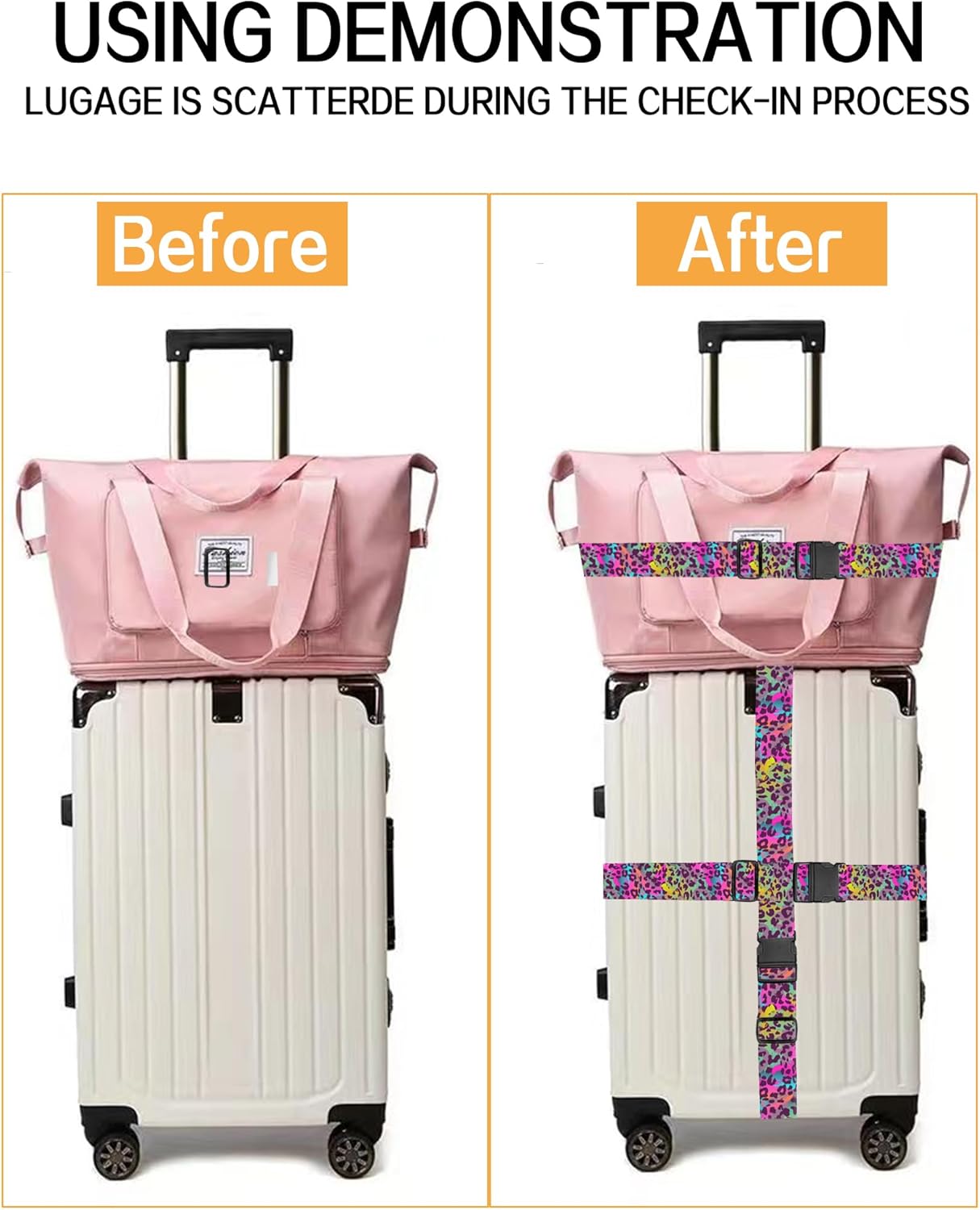 Luggage Straps for Suitcases, Adjustable Travel Belt, Durable Wide Luggage Strap, Cute Suitcase Strap Identifiers with Buckle, Bag Straps for Luggage, Cute Colorful Leopard
