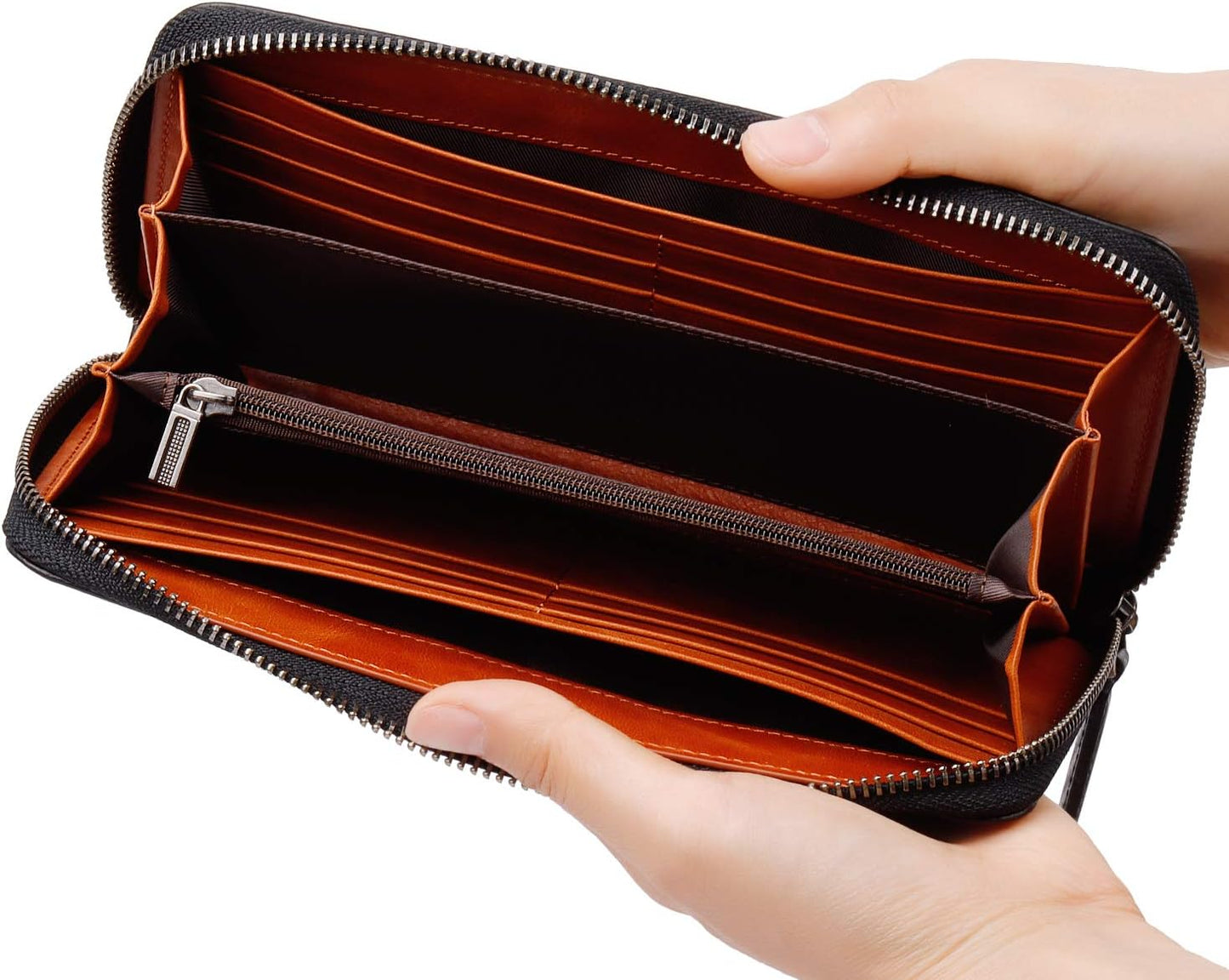 VISOUL Leather Long Zippered Pouch Wallet for Men with RFID Blocking Two-tone, Large Carbon Fiber Leather Clutch Cash Long Wallet with Zipper (Black+Orange)