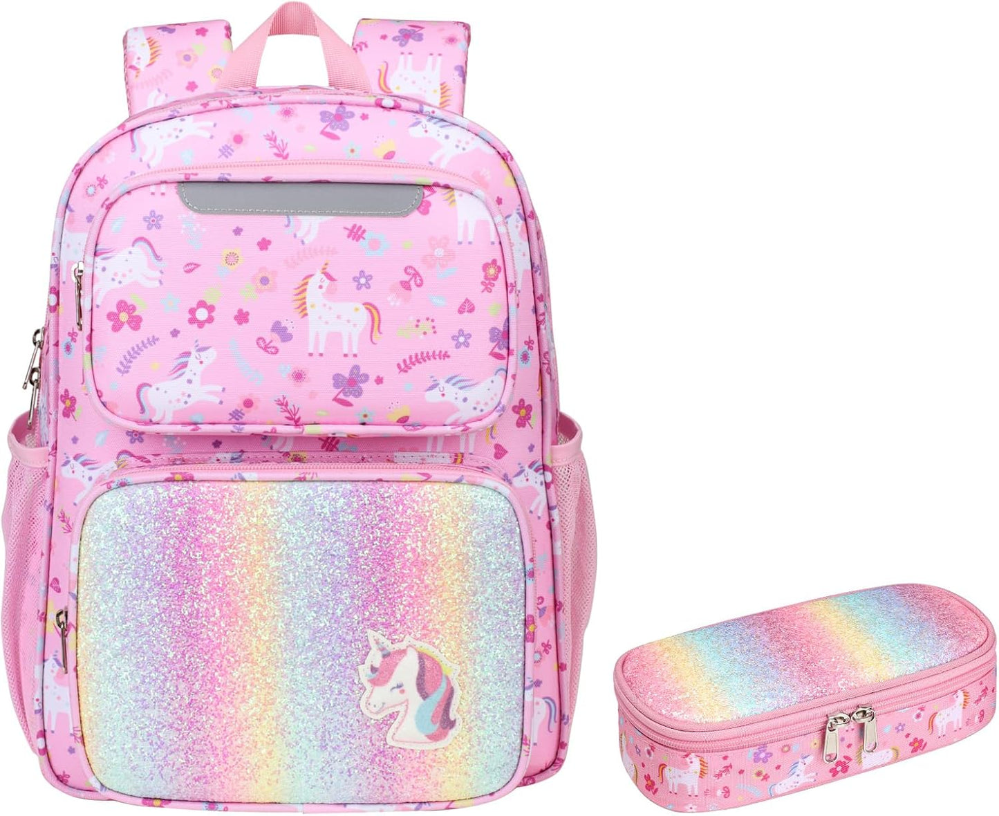 Kids Backpack with Pencil Case - 15 Inch Backpack for Girls 3 to 8, Lightweight Bookbag for Preschool Kindergarten Elementary School, Insulated Pocket, Safe Reflective Stripe, Pink Unicorn