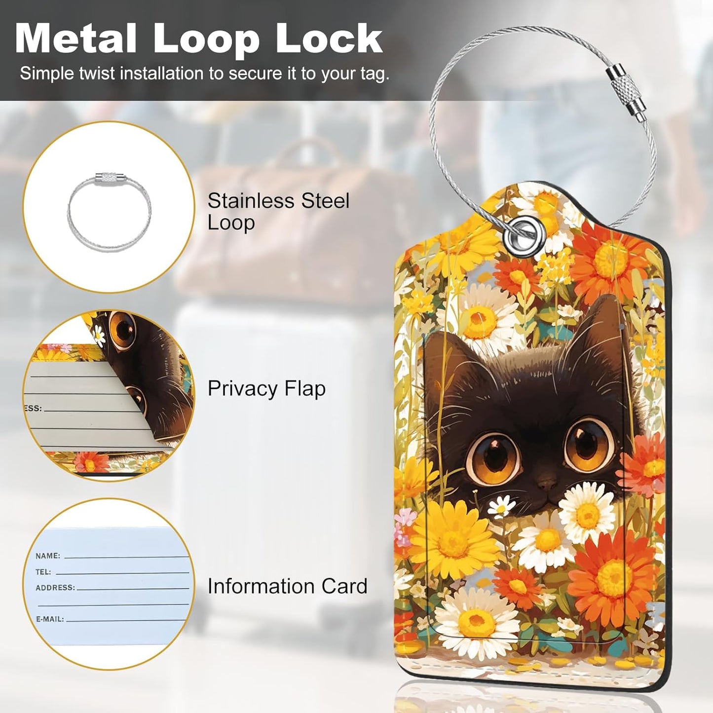 2Pack Luggage Tags for Suitcases, Cute Unique Pu Leather Cruise Luggage Tag with Privacy Cover ID Label Address Card and Metal Ring Suitable for Women Men Kids Travel Bag Yellow Flower and Kitten