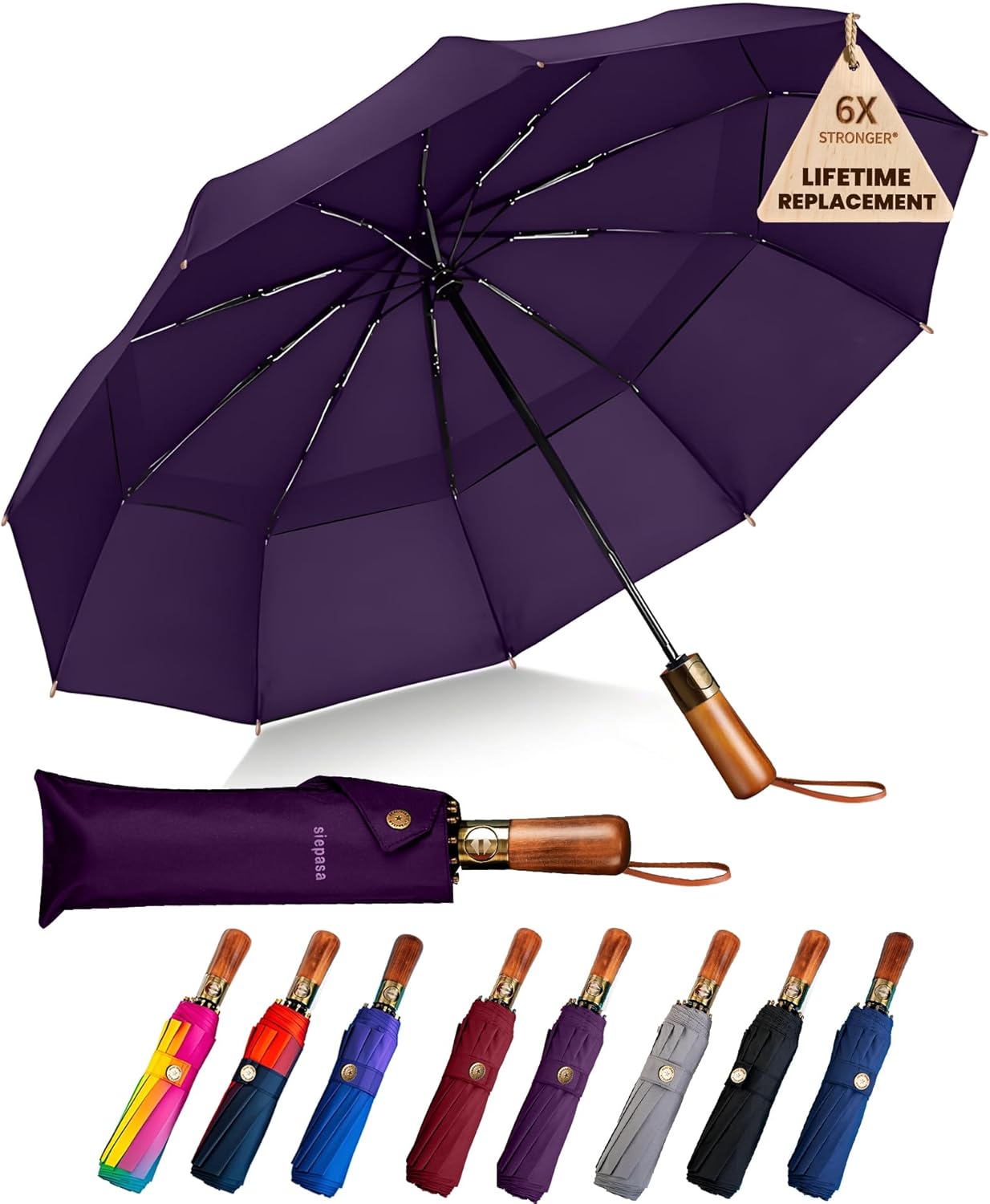 SIEPASA 49/54/62 Inch Windproof Golf Umbrella - Automatic Open/Close, Real Wood Handle - Large Folding Travel Umbrella for Wind, Rain & Sun Protection.