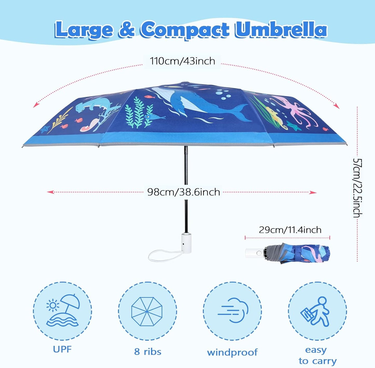 Kids Folding Umbrella Auto Open/Close Anti-rebound Safe Design UV Resistant Automatic Children Travel Umbrellas 8 Rib Reinforced Canopy 360° Reflective Strip Lightweight Cute Umbrella for Girls & Boys