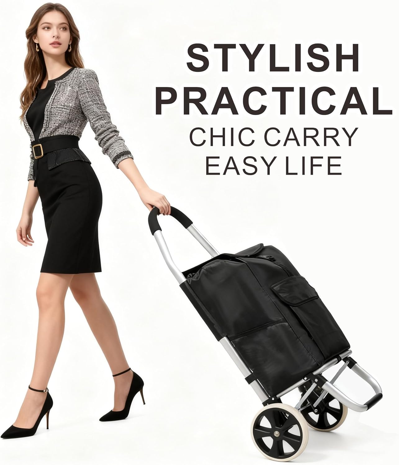 Heavy Duty Foldable Shopping Trolley with Wheels Oxford Waterproof Cart Removable Bag for Groceries Laundry Travel (Black-2 Wheels)