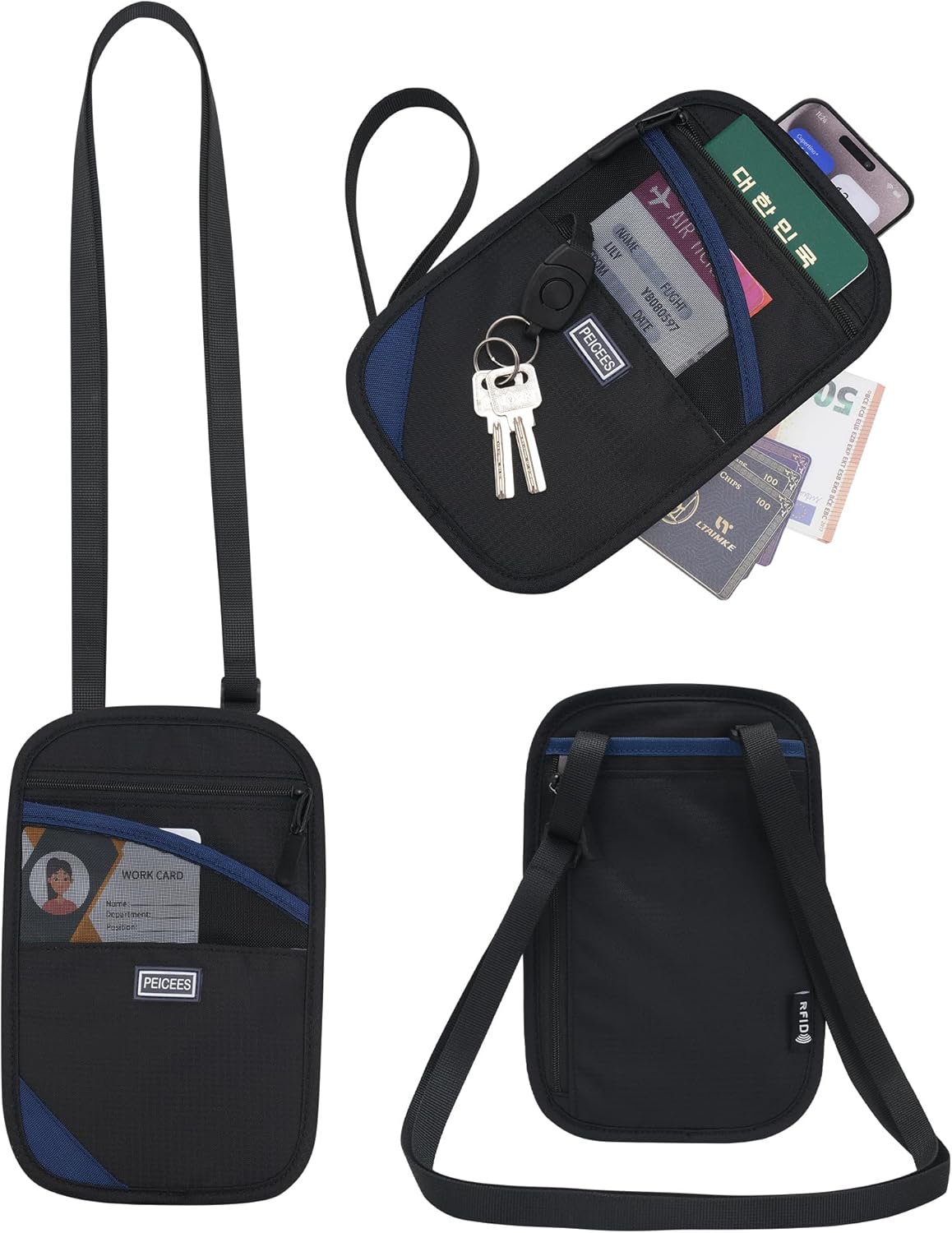 Peicees Neck Wallet, RFID Blocking Passport Holder, Easy to Conceal Travel Pouch, Navy Blue