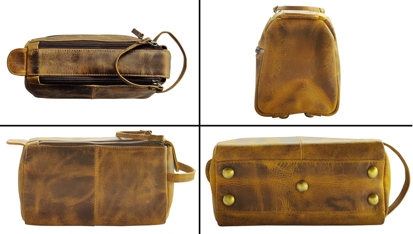 RUSTIC TOWN Buffalo Leather Toiletry Bag : Vintage Travel Shaving & Ditty Kit : for Toiletries, Cosmetics & More : Spacious Interior & Waterproof Lining : Compact, Fits Easily in Luggage