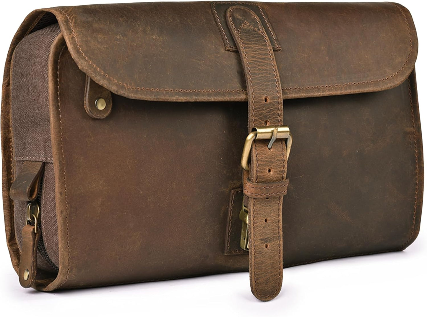 LEATHER VILLAGE Hanging Leather Toiletry Bag for Men & Women, Handcrafted Vintage Cosmetic & Shaving Organizer Travel Dopp Kit Shower Bag - Brown