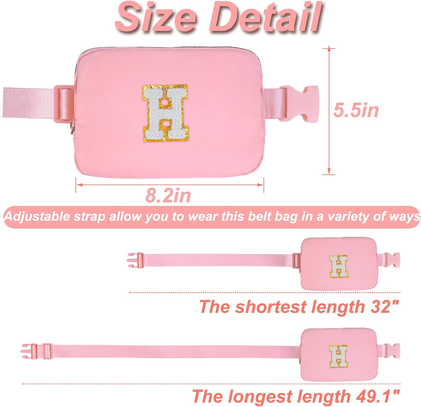 Monogrammed Gifts for Women - Fanny Pack, Crossbody Bag for Kids & Teens, Trendy Everywhere Belt Bag, Fashion Waist Pack, Initial White H, Peach