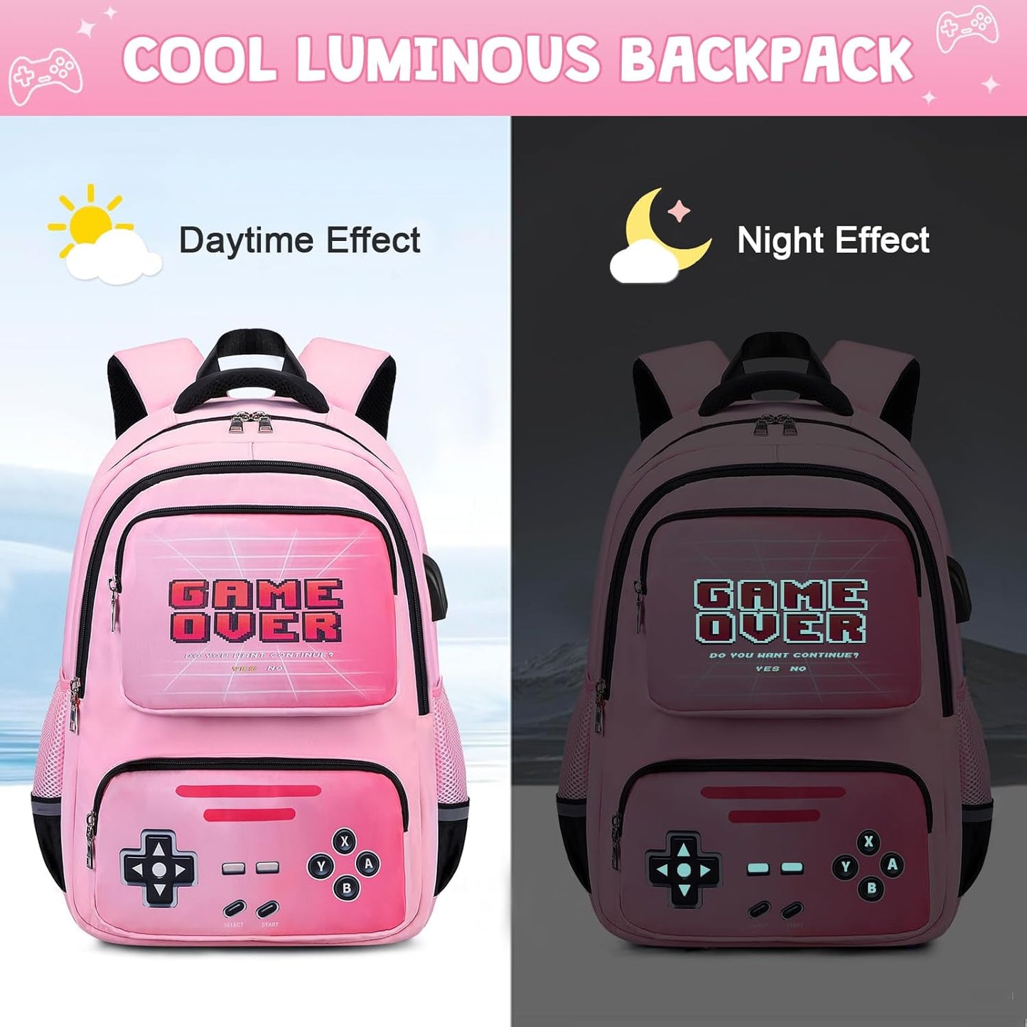 Gamer Backpack for Girls - Cool Luminous School Backpacks for Girl with Lunch Bag Pencil Case - Kids Girls Backpack Elementary Middle School Book Bags for Teen with USB Charging Port (Pink