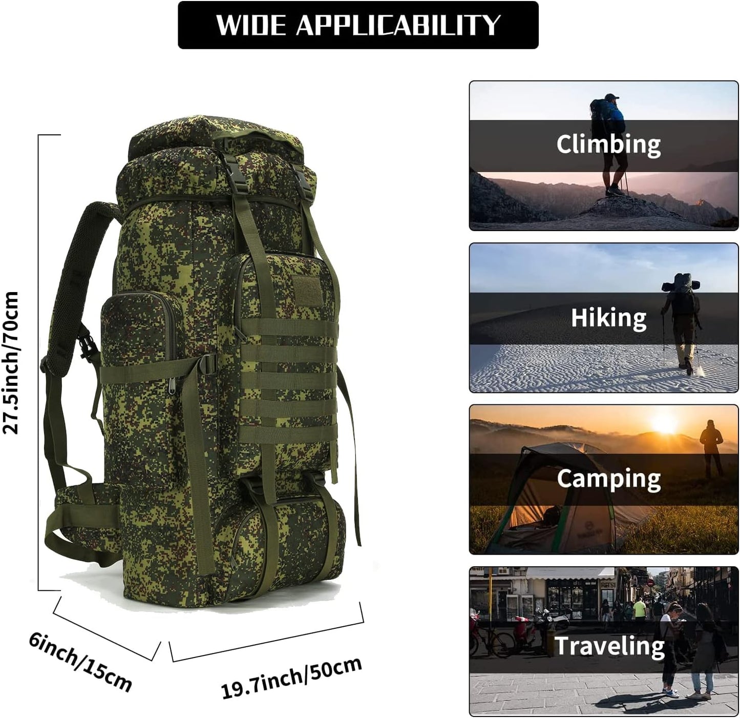 Hiking Backpack for Men 70L/100L Camping Backpack Military Rucksack Molle 3 Days Assault Pack for