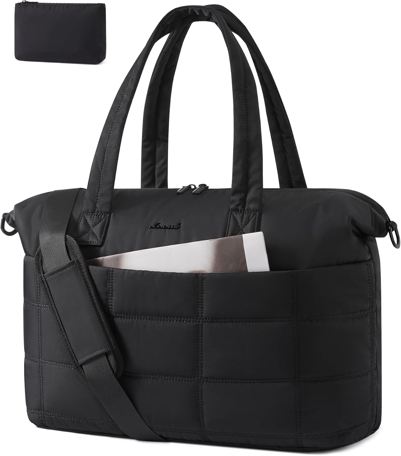 LOVEVOOK Quilted Duffle Bag for Travel,48L Gym Bag for Women with Wet Pocket,Water Resistant Weekender Overnight Bag Tote Bag for Women with Laptop Compartment(Black)