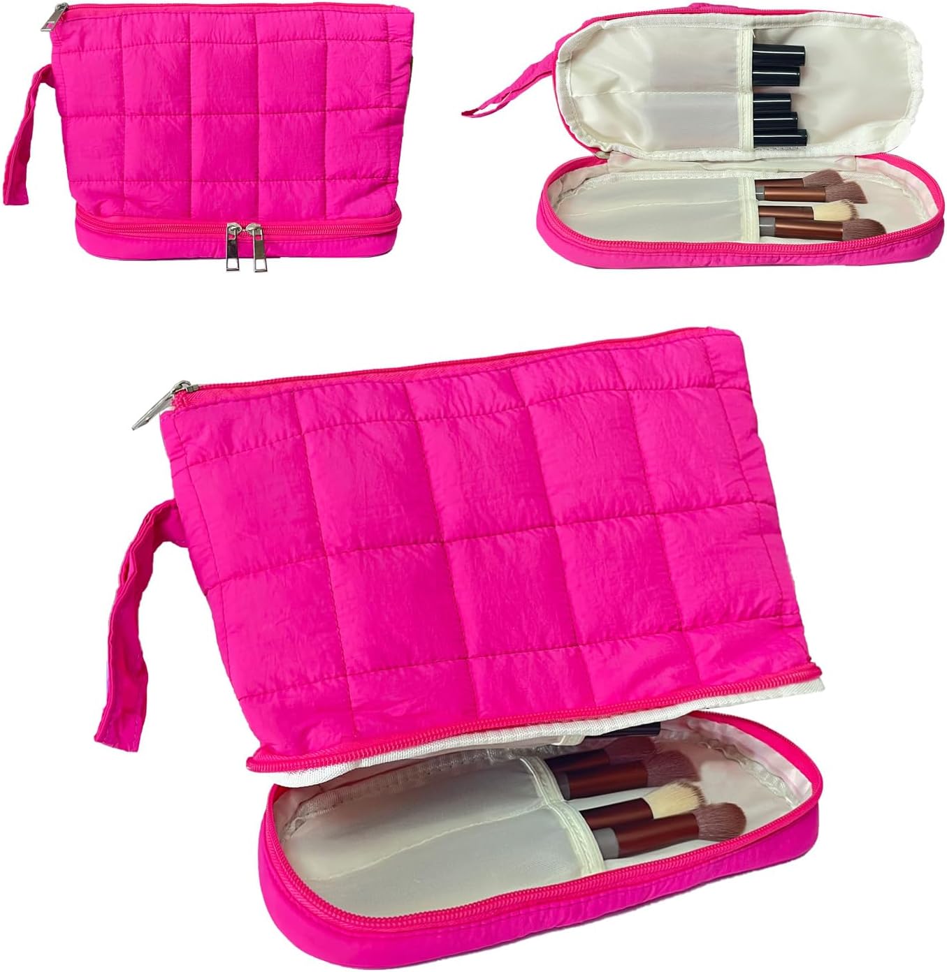 Rose Red Puffy Puffer Makeup Bag for Purse Small Makeup Pouch Quilted Cosmetic Bag Cute Cotton Toiletry Pouch Bag for Women