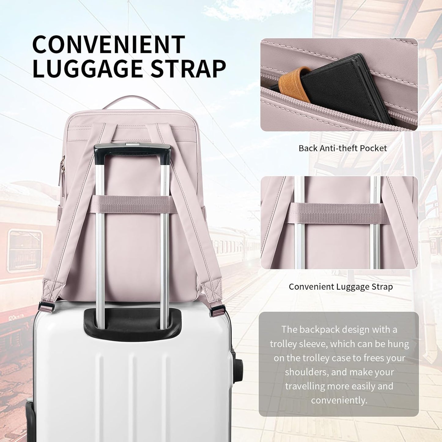 Stylish Laptop Backpack for Women Airline Approved Perfect for Work College and Travel Multi-Functional Casual Daypack Fits 15.6 Inch Notebook (Pinkish Grey)