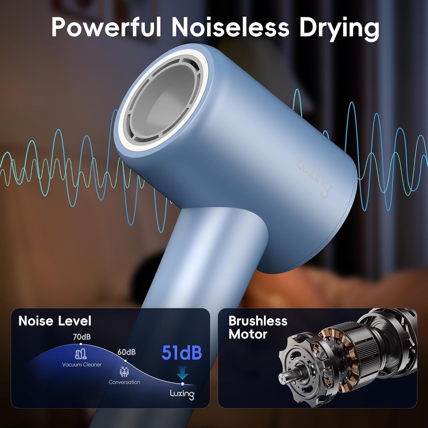 Hair Dryer, TurboLux 200 Million Negative Ionic 1500W High-Speed Blow Dryer for Fast Drying with Diffusers, Lightweight, Low-Noise Hair Dryer for Women with 110000 RPM Brushless Motor (Steel Blue)