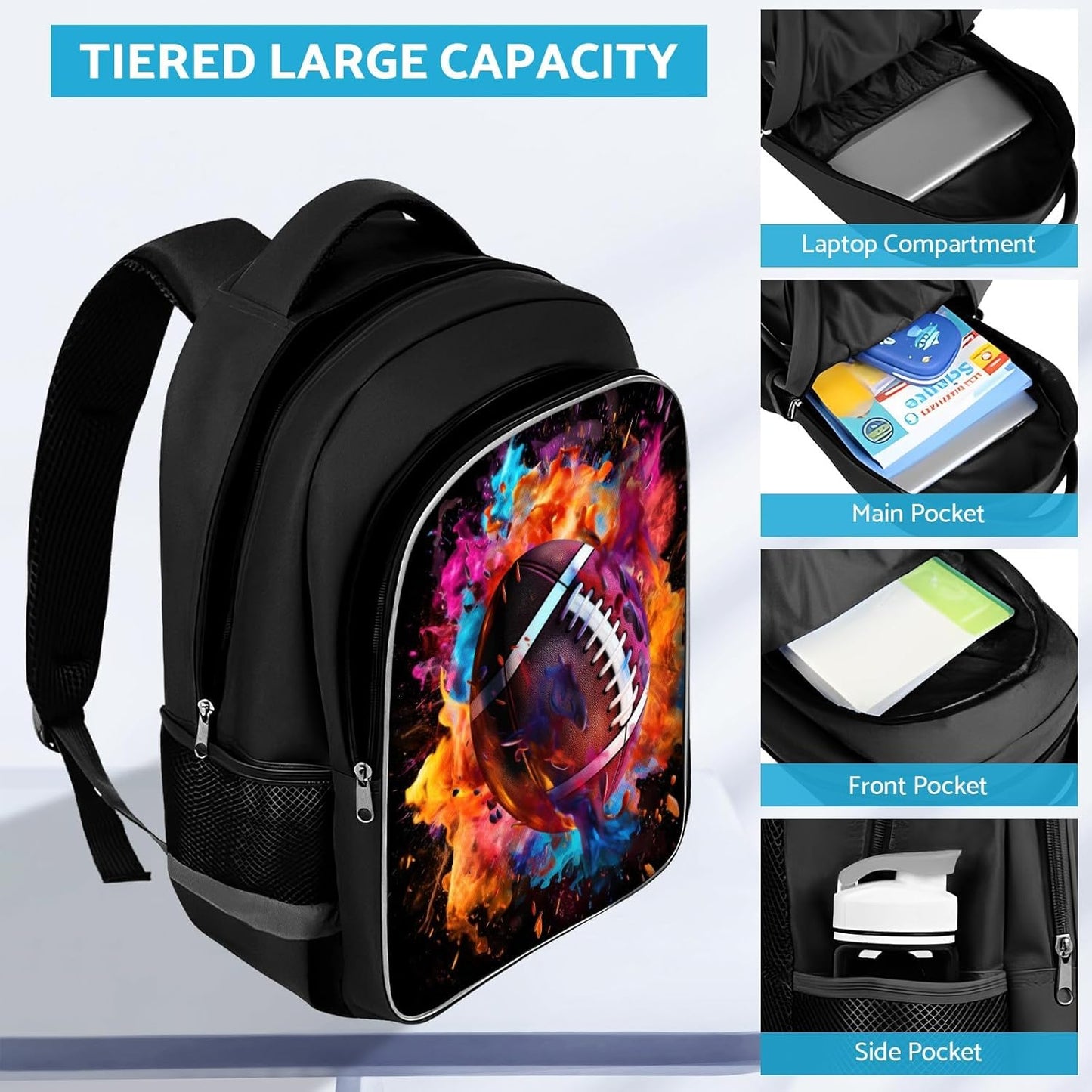 School Backpack for Boys - American Football Boys Backpack for Kids Children Teens Elementary Middle School - Students Bag for Ages 6-18,17″Bookbag Multifunctional Large Capacity