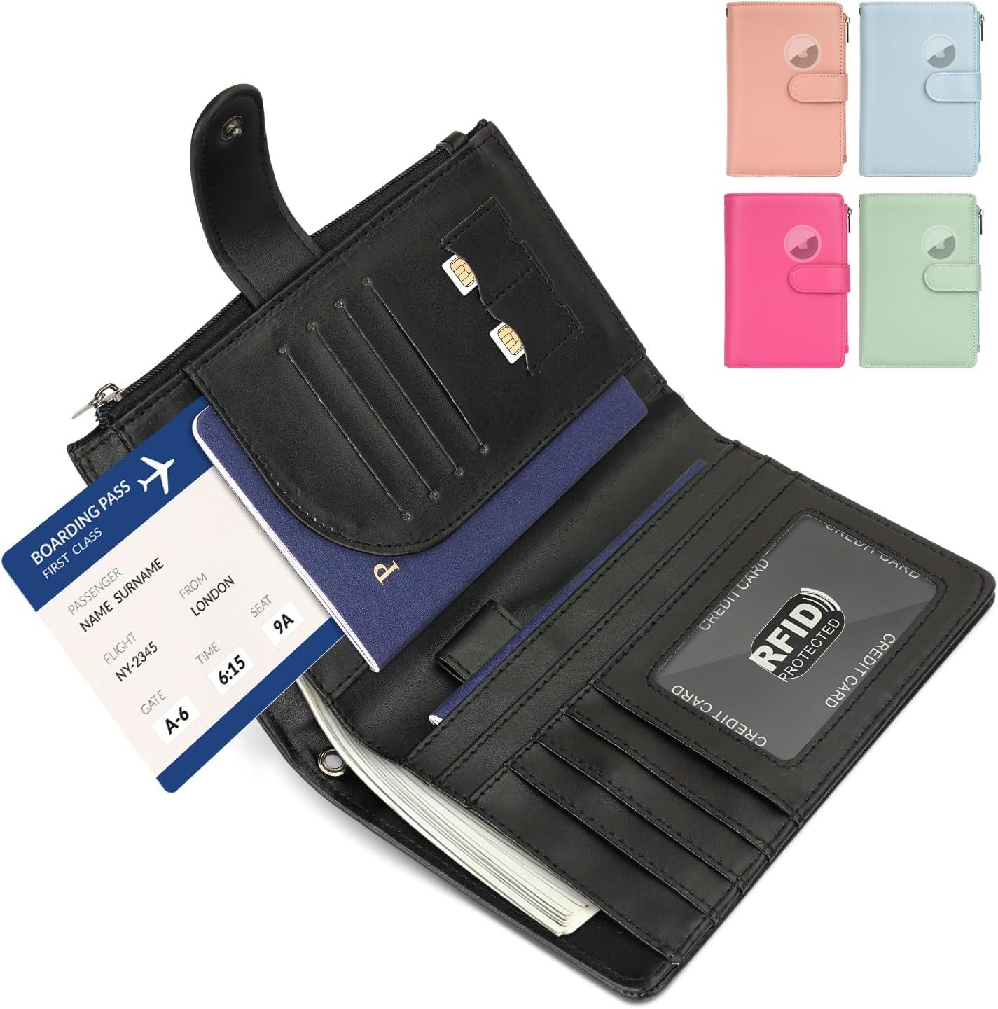RFID Passport Holder for Women/Men Travel Gifts, Large Capacity Passport Wallet, Family Travel Documents Organizer with Card/Airtag Slots, Zipper coin pocket, Cash Holder Passport Cover Case (Black)
