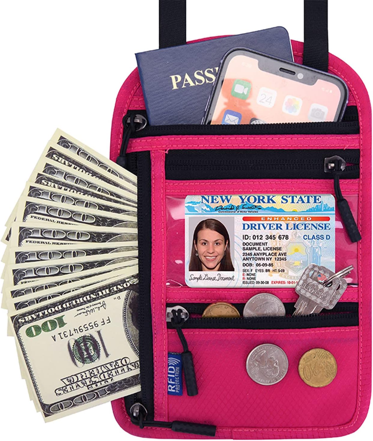 Surblue RFID Blocking Neck Wallet Travel Passport Holder Neck Pouch Vaccination Card Holder for Women & Men, Red