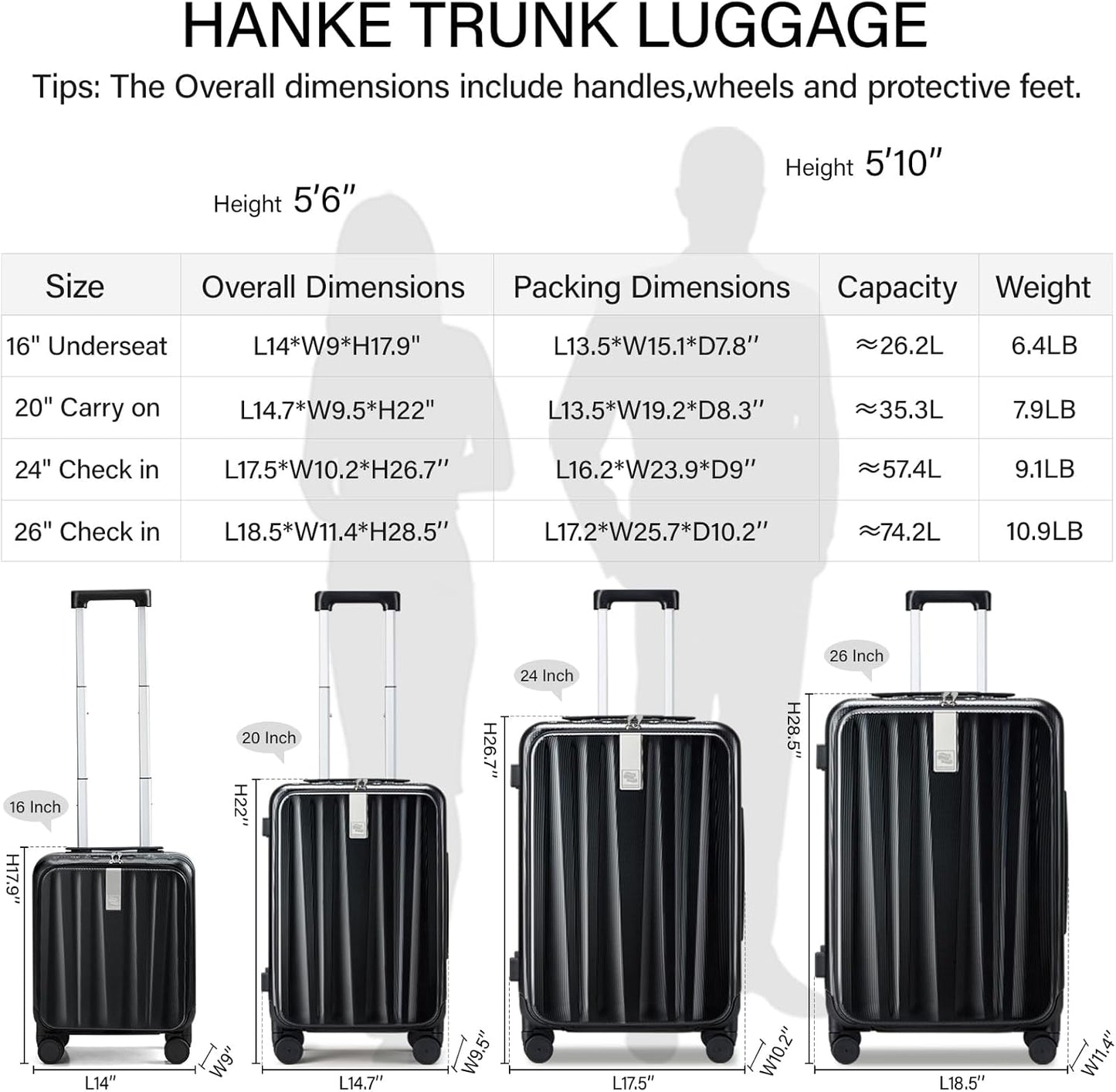 Hanke 20 Inch Carry-On Luggage PC Hard Shell Suitcases for Travel Front Opening Aluminum Frame