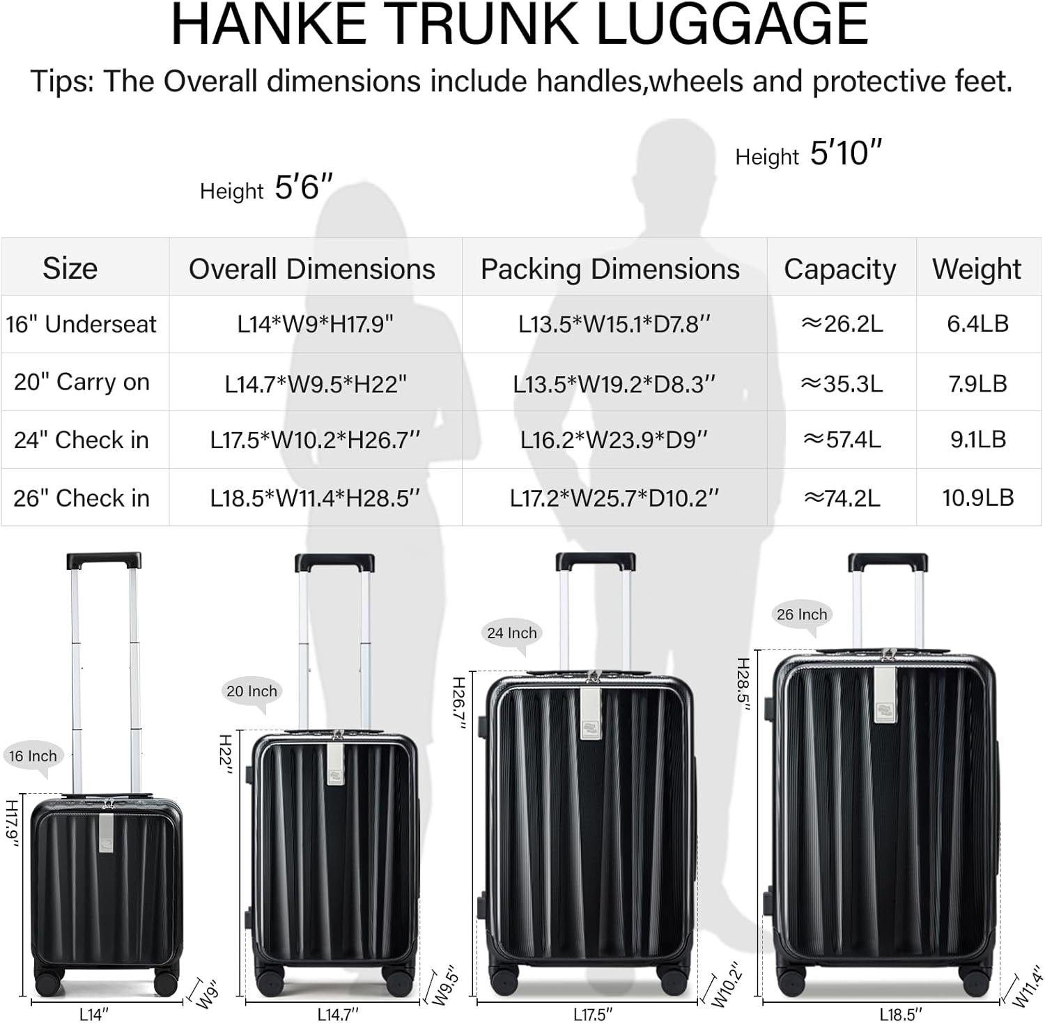Hanke 20 Inch Carry-On Luggage PC Hard Shell Suitcases for Travel Front Opening Aluminum Frame