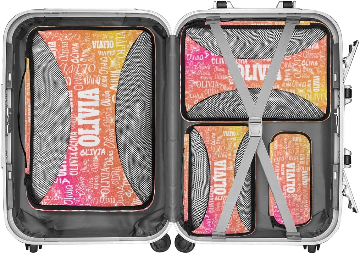 4pc Personalized Name Packing Cubes for Travel - Luggage Packing Organizers - Travel Packing Cubes for Suitcases, Shiny Glitter Starry Red Orange